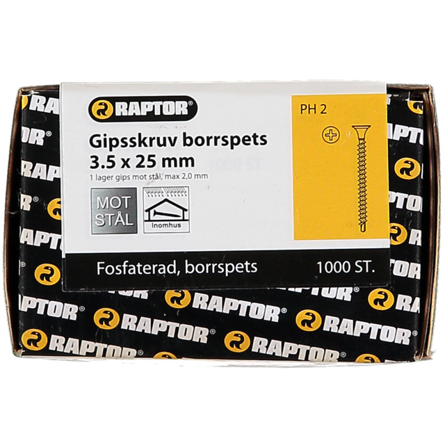 GIPSSKRUV BORR 3,5X25 STÅL FOS 1000ST 1-LAG PH2 RAPTOR