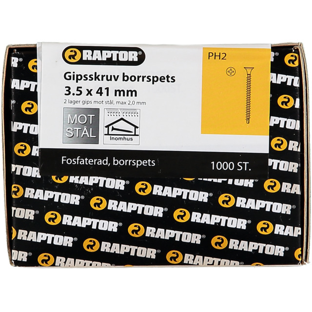 GIPSSKRUV BORR 3,5X41 STÅL FOS 1000ST 2-LAG PH2 RAPTOR | Beijerbygg Byggmaterial