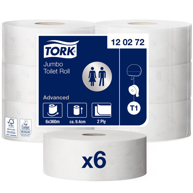 TOALETTPAPPER TORK ADVANCED T1 JUMBO VIT 120272 360M | Beijerbygg Byggmaterial